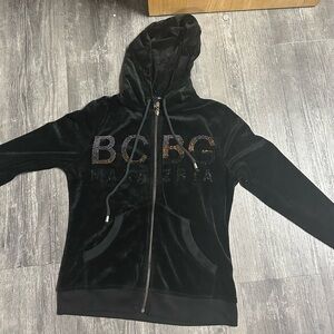 BCBG Black Velour Hoodie with Rhinestone Logo